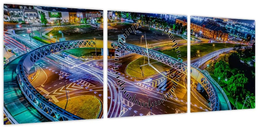 Obraz - nocna panorama miasta (z zegarem) (90x30 cm)