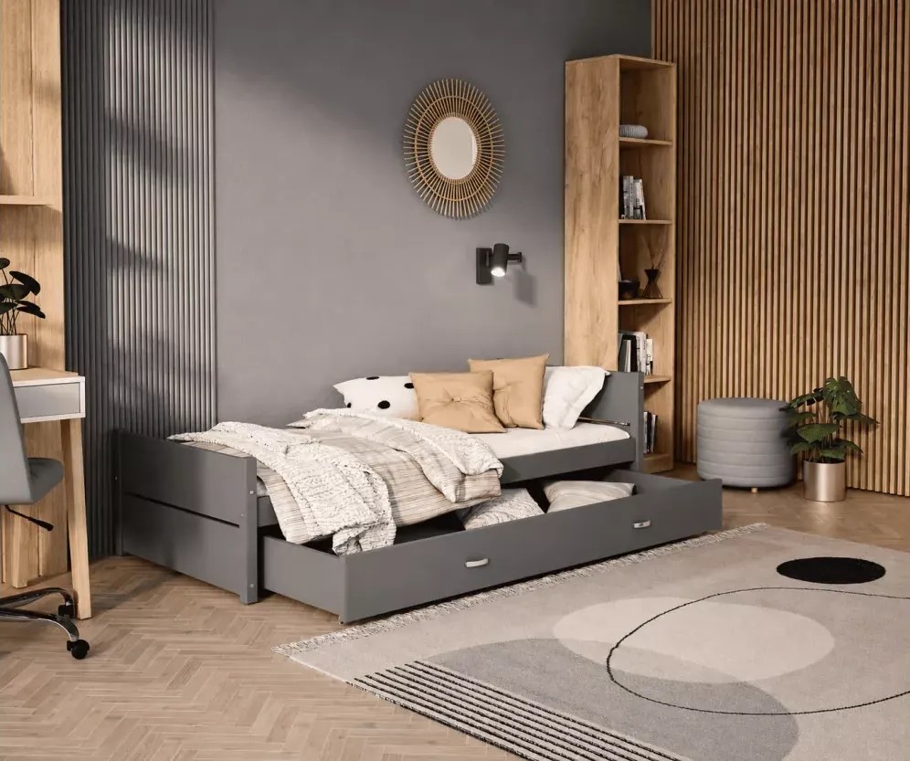 Łóżko dziecięce Modig 90x200 z szufladą białe/szare stelaż Flex