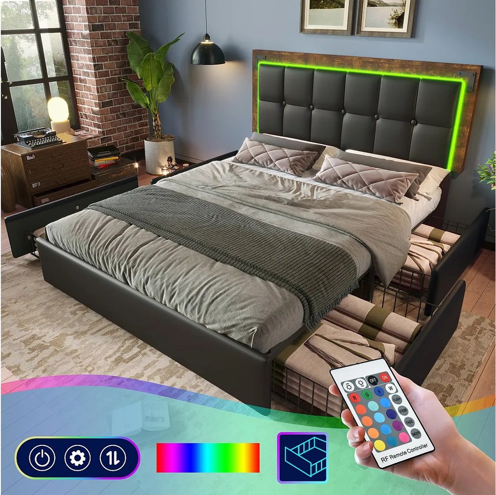 Łóżko podwójne 160 x 200 cm, czarne PU, łóżko dla dorosłych z regulowanym zagłówkiem i 4 szufladami, oświetlenie LED, bez materaca