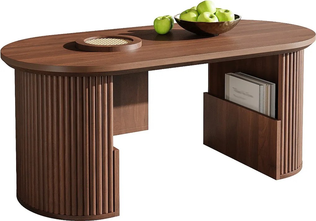 Nowoczesny stolik kawowy w stylu retro - 105 x 50 x 46,5 cm - z orzecha włoskiego o pionowej fakturze - z miejscem do przechowywania - płyta MDF - brązowy