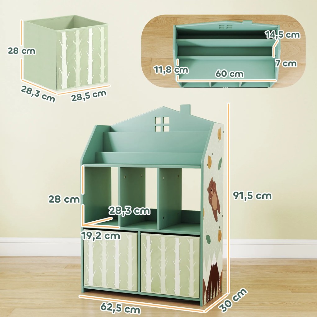 AIYAPLAY Dziecięcy regał na książki z 2 materiałowymi szufladami, dla dzieci w wieku 3-8 lat, 62,5x30x91,5 cm, zielony | Aosom PL
