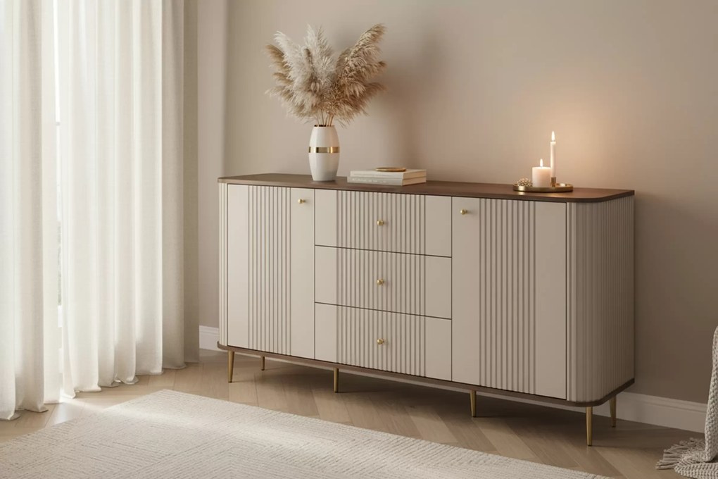 Komoda Vesper 160 cm z szufladami - kaszmir / orzech / złote nogi