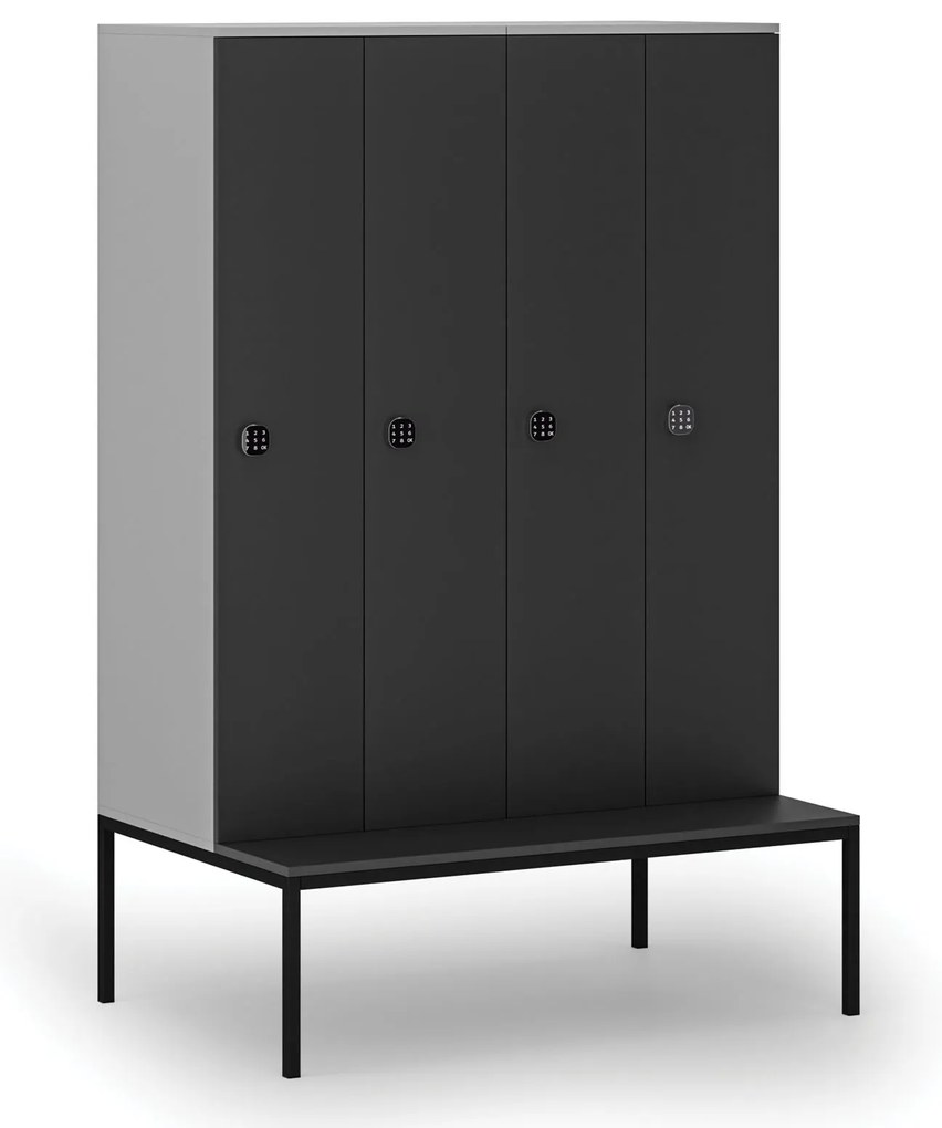 Drewniana szafa ubraniowa S4 z ławką, 4-drzwiowa, 1871 x 1200 x 500/800 mm, demontaż, zamek kodowy, szary/grafitowy