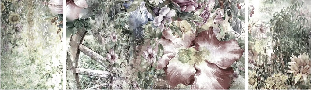Obraz kwiatów na drewnianym kole (170x50 cm)