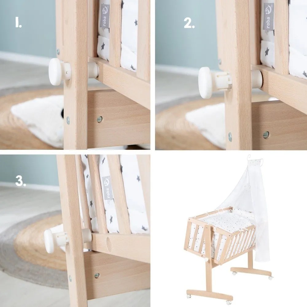 Kołyska z litego drewna bukowego na kółkach/z baldachimem 40x90 cm w naturalnym kolorze – Roba