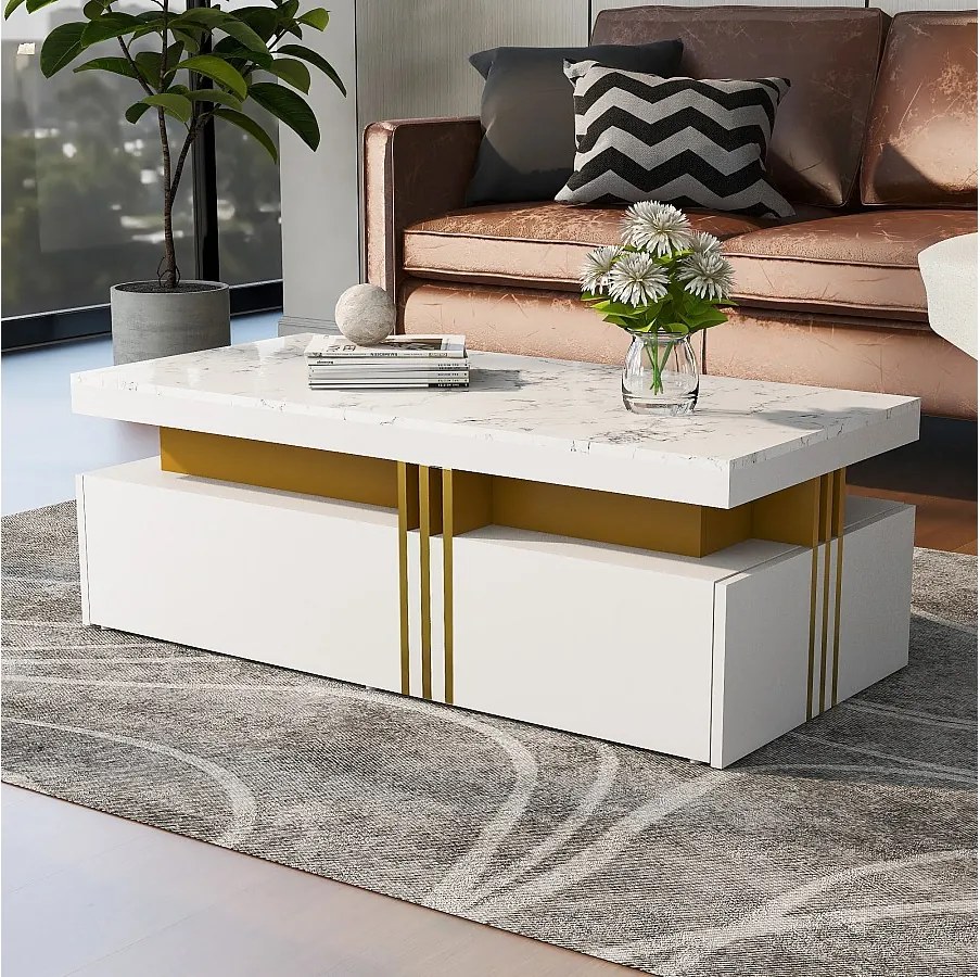 Stolik kawowy prostokątny z 2 szufladami - 100x50x40 cm - płyta wiórowa - blat marmurowy, do salonu - biały