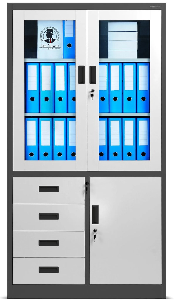 Biurowa przeszklona szafa metalowa na akta z szufladami WIOLA, 900 x 1850 x 400 mm, antracytowo-biała