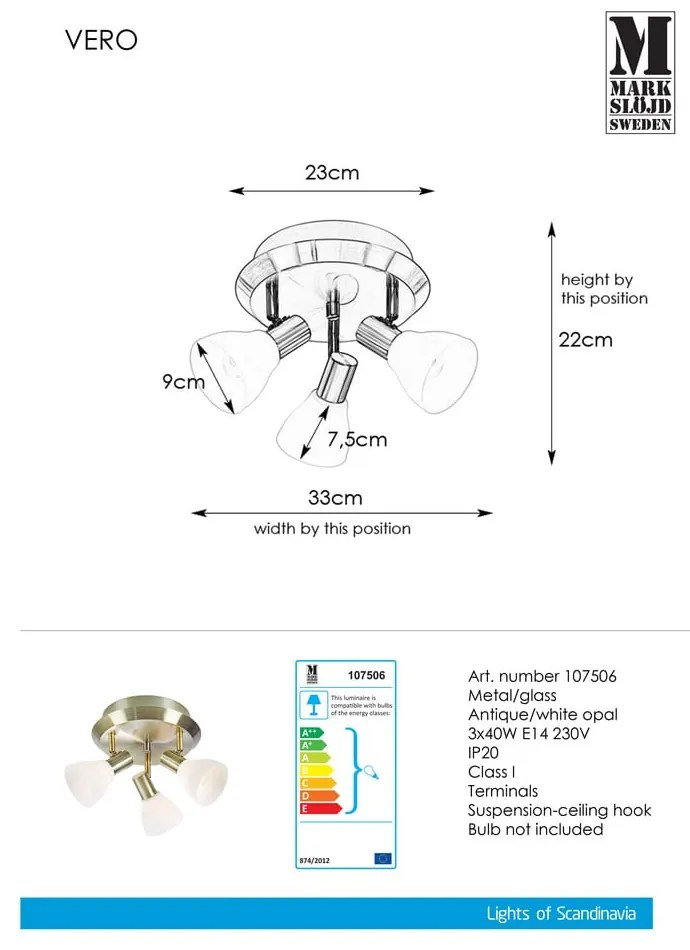 Biała lampa wisząca z detalem w kolorze złota Markslöjd Vero, ø 33 cm