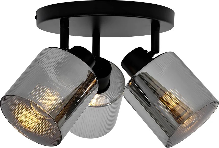 Inteligentny reflektor sufitowy czarny z przydymionym szkłem, okrągły, regulowany, z 3 żarówkami Wifi A60 - Laura