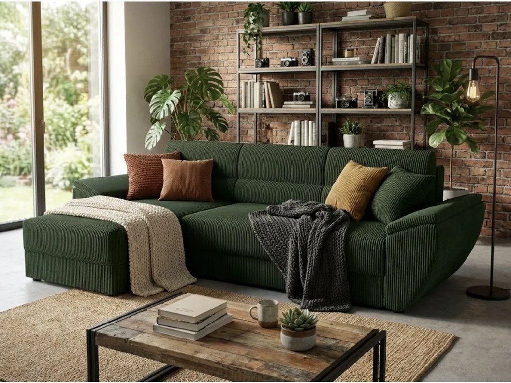 Rozkładana narożna sofa TAVERO 251x140 cm, ciemnozielona, uniwersalna