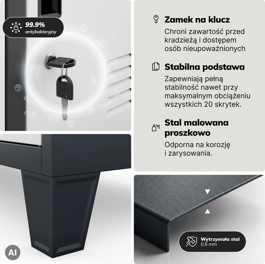 Szafa skrytkowa socjalna 20-skrytkowa na nóżkach antracytowo-biała, 1360x1720x450 mm: ROBERT