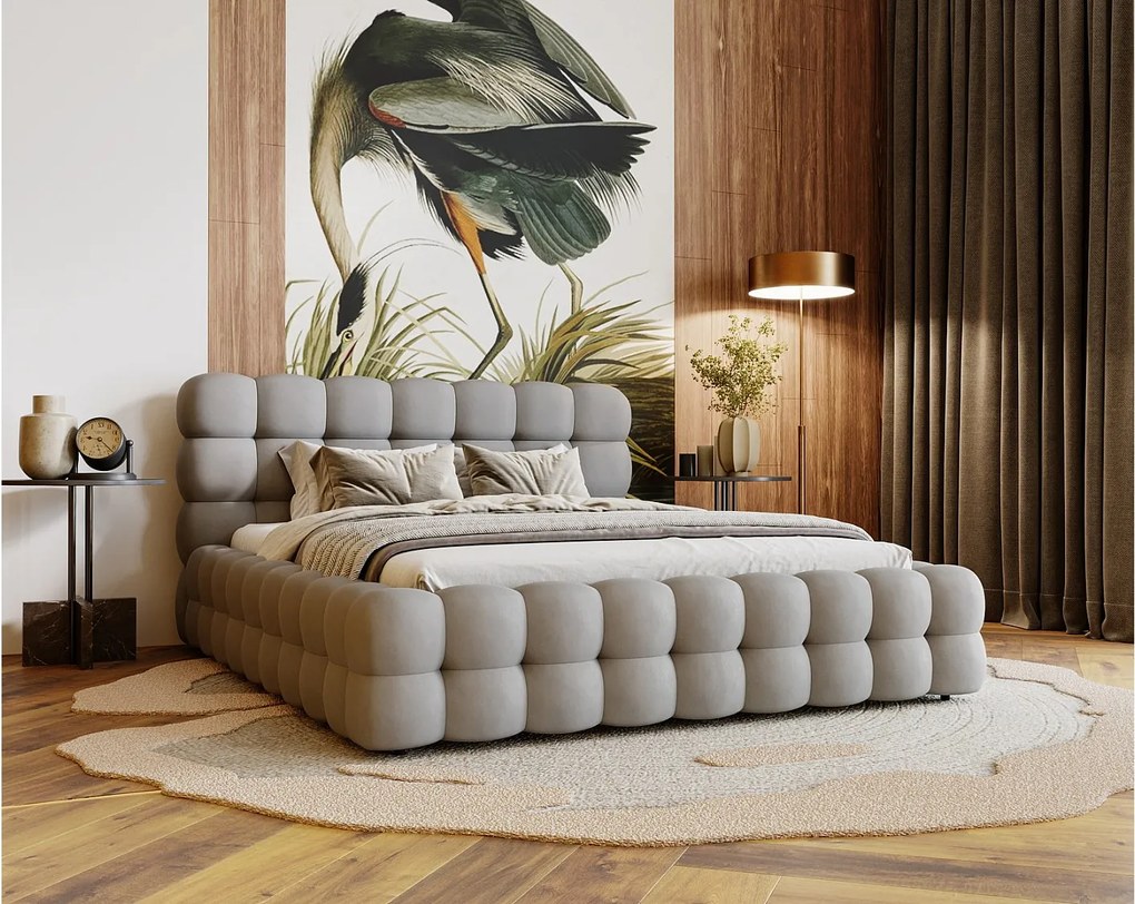 Emporius Parlas Bis łóżko 180x200 z pojemnikiem, łóżko tapicerowane do sypialni - gruba pianka, stelaż, tkanina aksamitna, jasny szary (Amor Velvet 4318)