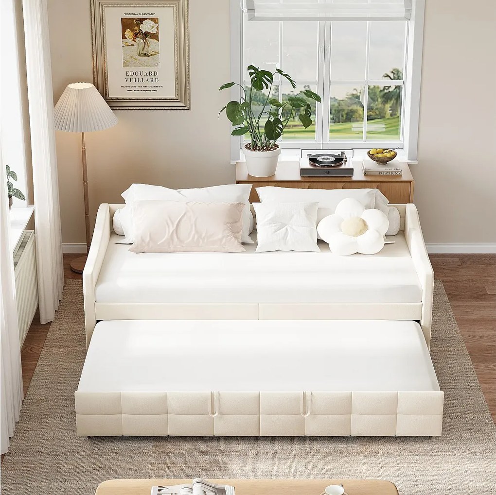 Rozkładana Sofa Łóżko 90x200 cm z Beżowego Flanelowego Materiału, Minimalistyczny Design Bez Schowka i Materaca