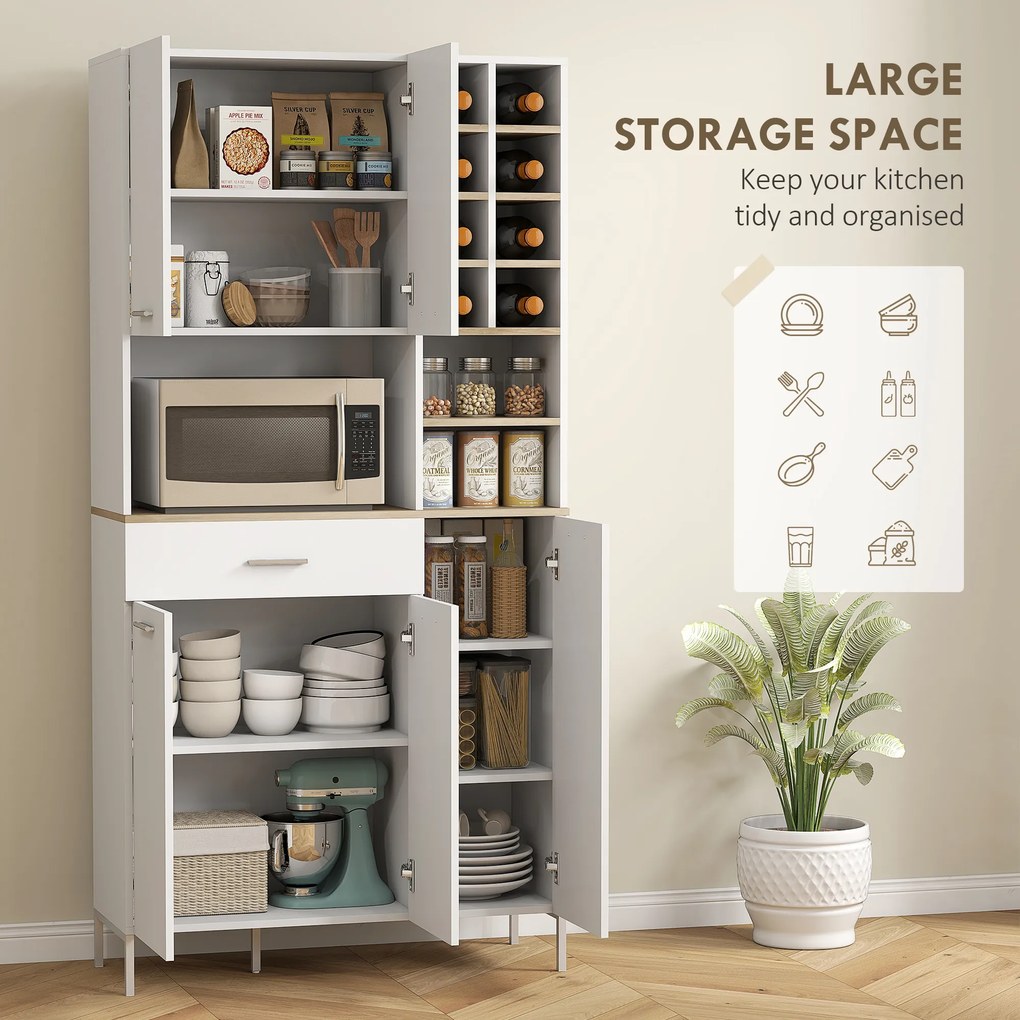 HOMCOM Szafka kuchenna z otwartymi regałami, przegródkami, stojak na wino, schowek z 5 drzwiami, MDF, Biały