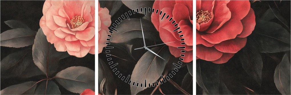 Obraz - Czerwone kwiaty na ciemnym tle (z zegarem) (90x30 cm)