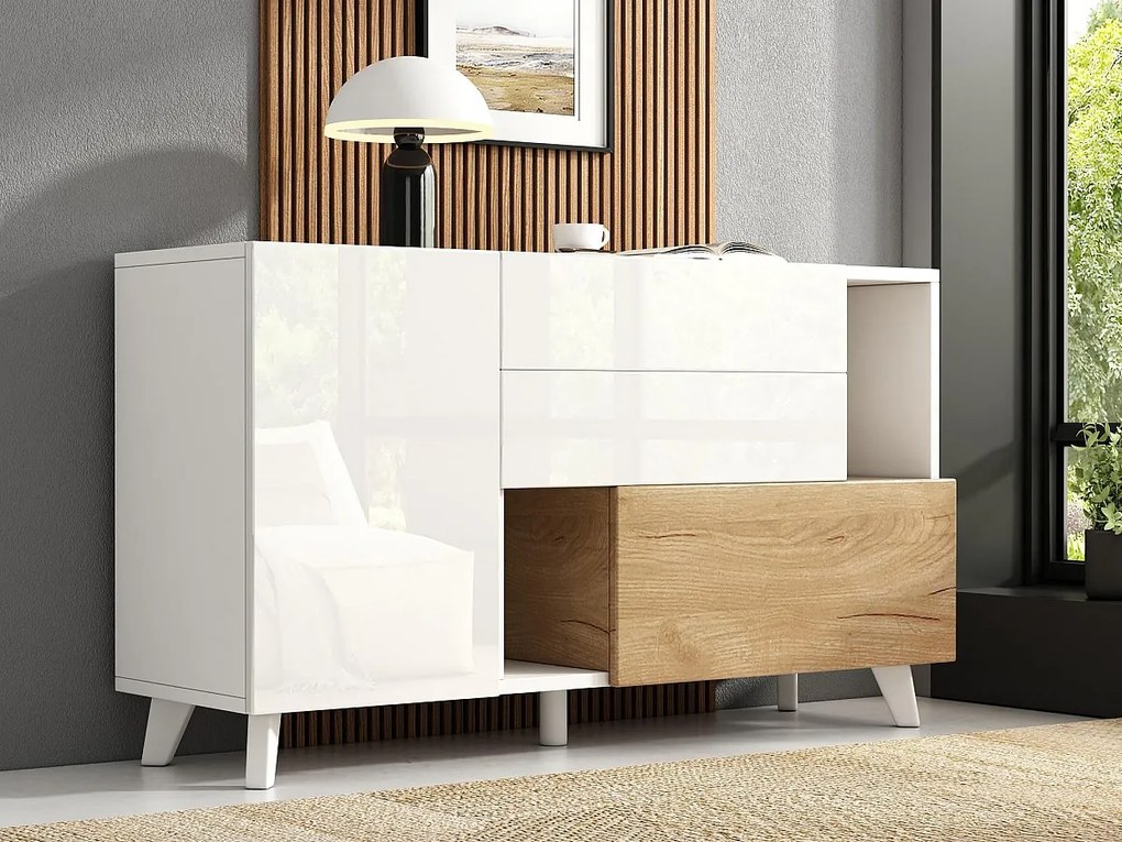 Biały bufet 130x40x70cm - 2 drzwi - 2 szuflady - z przegrodami do przechowywania