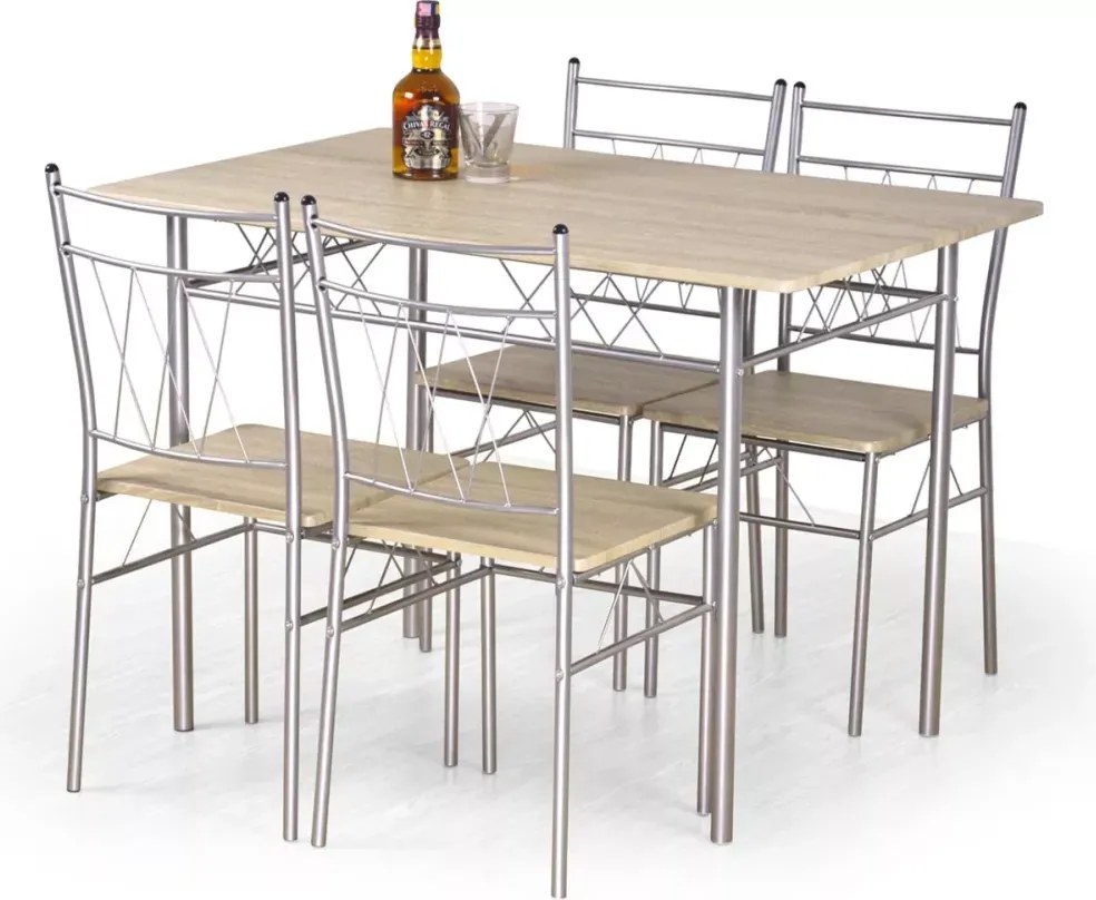 Zestaw mebli Wesley – nowoczesny stół w kolorze dąb sonoma z czterema ergonomicznymi krzesłami o stalowej konstrukcji