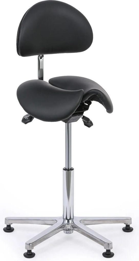 Taboret roboczy z oparciem ARDO, siedzisko w kształcie siodła, na ślizgaczach, czarna