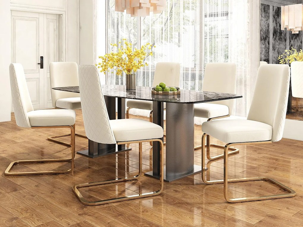 Zestaw 6 krzeseł typu cantilever z weluru - oparcie w romby - metalowa podstawa w kolorze złotym - beżowe