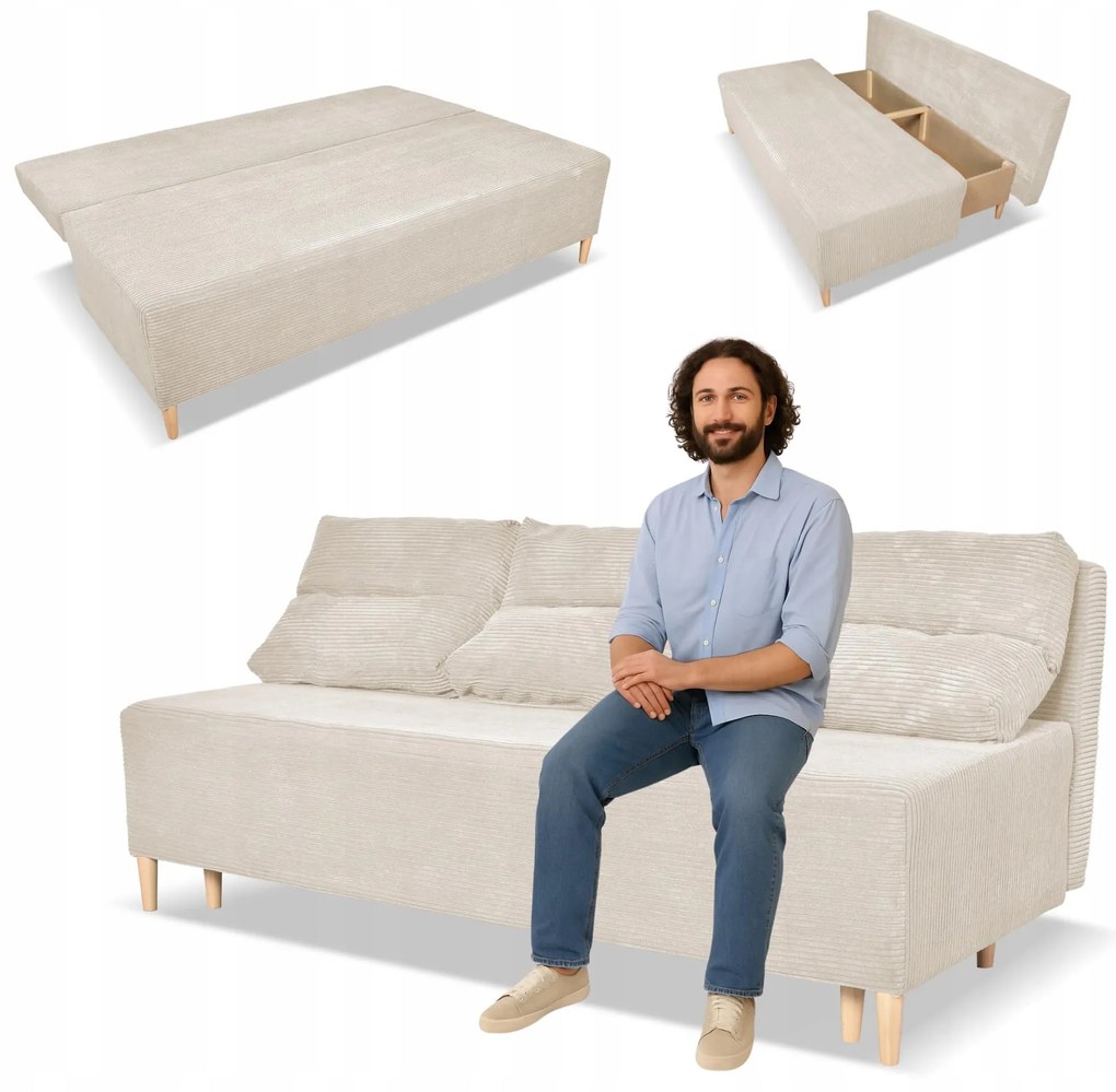 Kanapa sofa KIMO funkcja spania pojemnik Family Meble Anafi beżowa sztruks