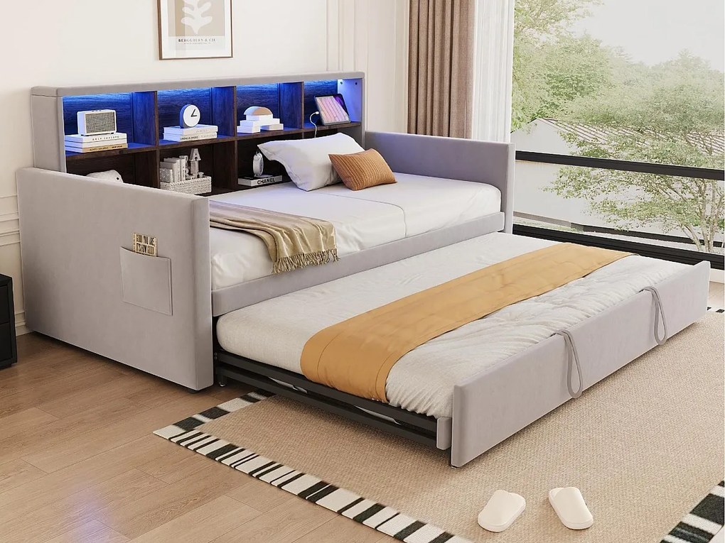 Rozkładana sofa z poduszkami 90x190cm - z oświetleniem LED - z gniazdem ładowania - z wysuwane łóżko - tkanina welurowa - Jasnoszary