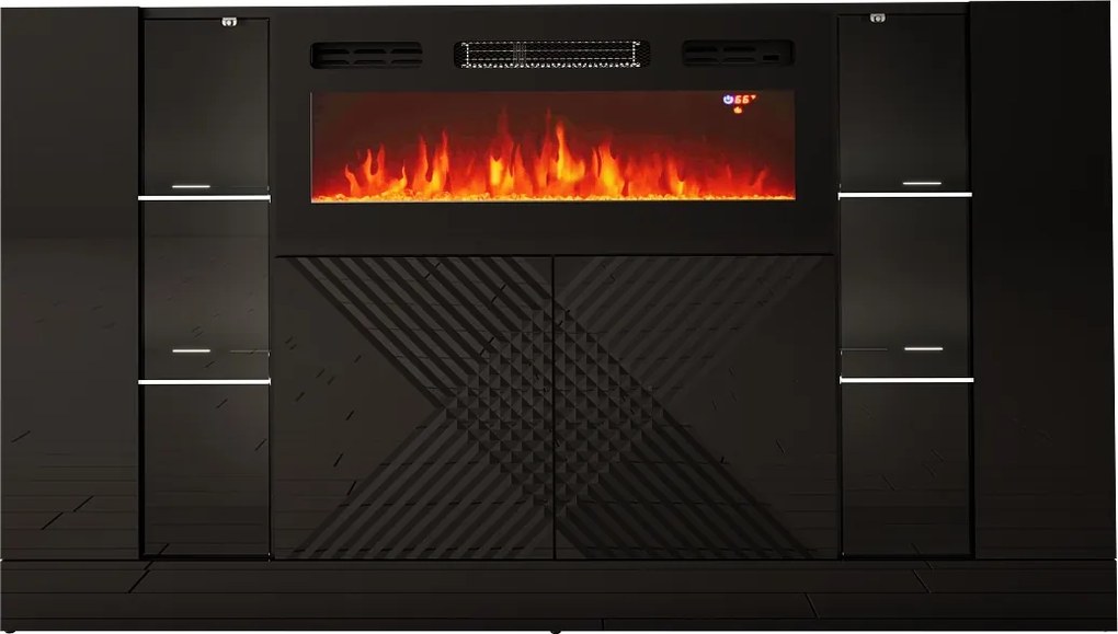 Czarna komoda z kominkiem elektrycznym i oświetleniem Diuna 1