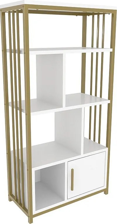 Elegancki regał w kolorze białym i złotym, 60 cm x 120 cm x 29,6 cm | Płyta wiórowa pokryta melaminą w 100%, grubość 18 mm | Stylowe rozwiąz