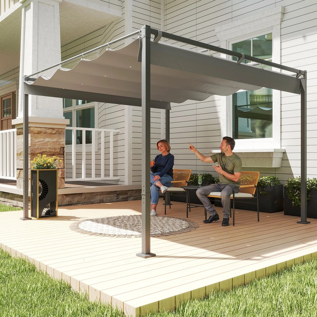 Outsunny Pergola ogrodowa 3 x 3 m z chowanym dachem, pawilon, baldachim zapewniający cień, UPF30+, Grau | Aosom PL