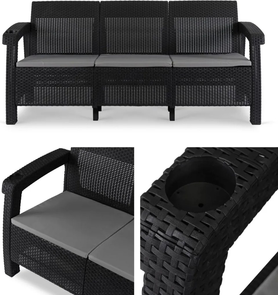 Sofa ogrodowa 3-osobowa Flint, technorattan czarny