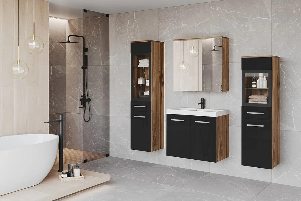 Meble łazienkowe, zestaw wiszący do łazienki z umywalką, 2 słupkami i szafką lustrzaną, korpus dąb wotan mat / fronty czarny połysk