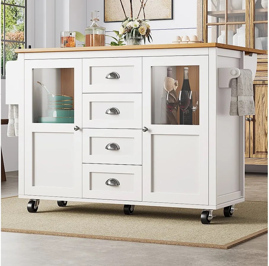 Biały wózek - Wózek kuchenny z 4 szufladami i 2 drzwiami - wysuwana taca i półka na przyprawy - do jadalni i kuchni