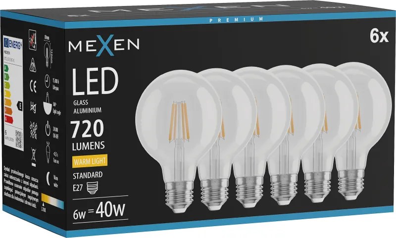 Mexen Vintis 6x żarówka filament LED E27, G80, 6W, Ciepła - 2700K, 720 lm, clear - L155-E27-0627-00x06