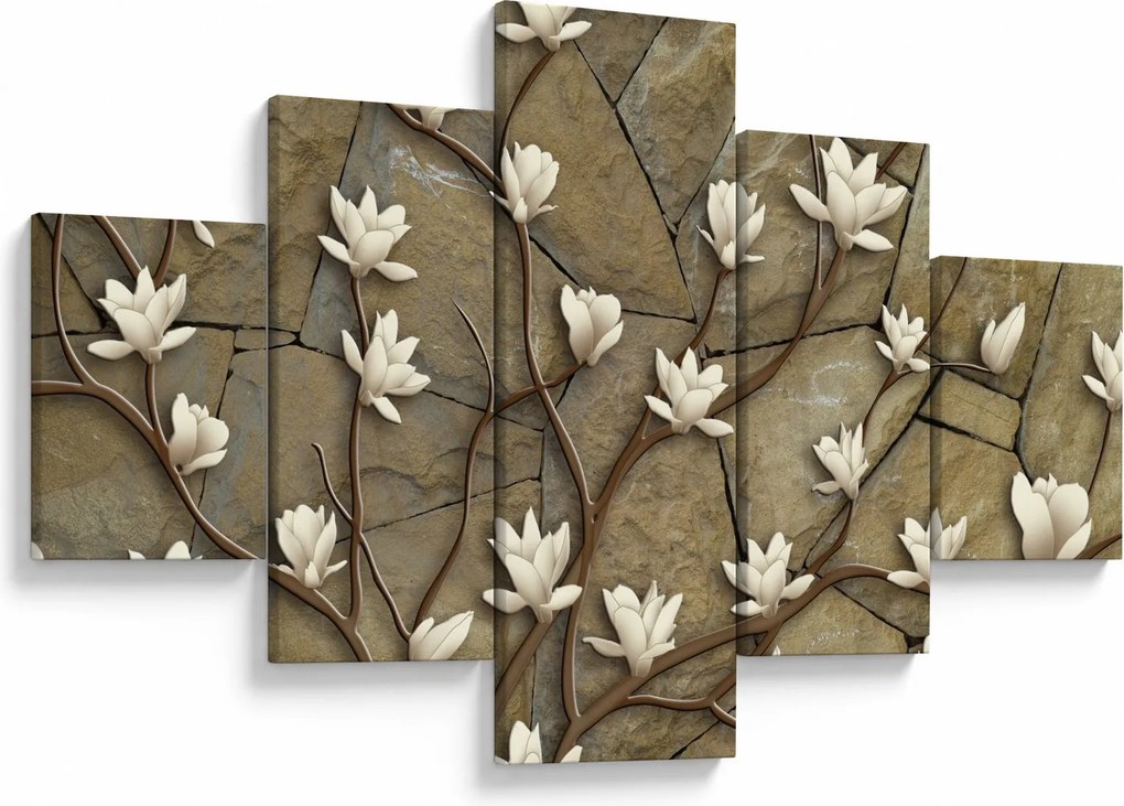 Obraz - Białe magnolie na murze kamiennym (125x70 cm)