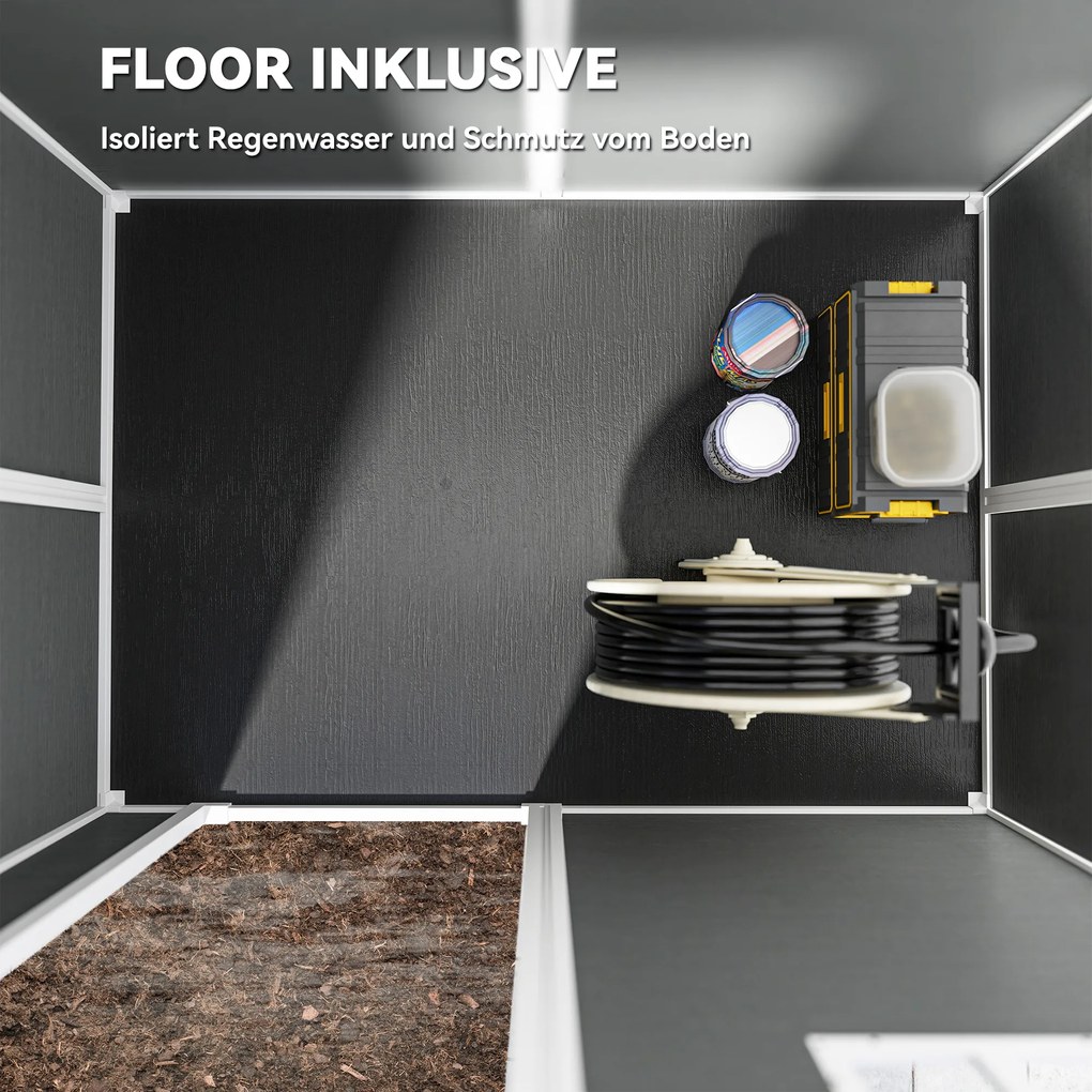 Outsunny Domek ogrodowy, Schowek z podłogą, oknem, zamkiem, z żywicy polipropylenowej, odporny na warunki atmosferyczne, Szary