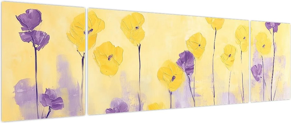 Obraz - Fioletowe i żółte kwiatuszki (170x50 cm)