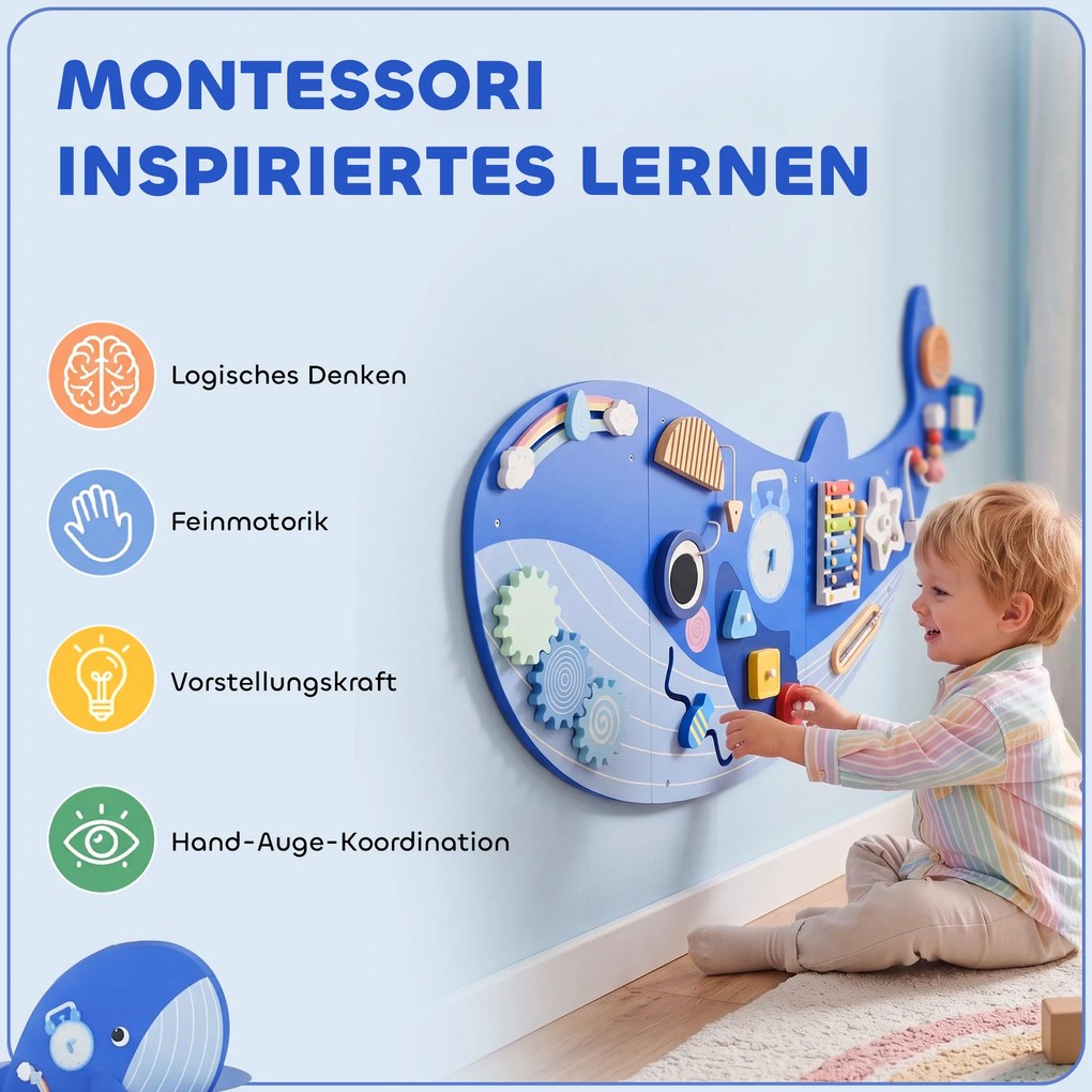 AIYAPLAY Montessori deska motoryczna 13-w-1 drewniana tablica aktywności w kształcie wieloryba montowana na ścianie z ksylofonem i zegarem oraz zębatkami | Aosom PL
