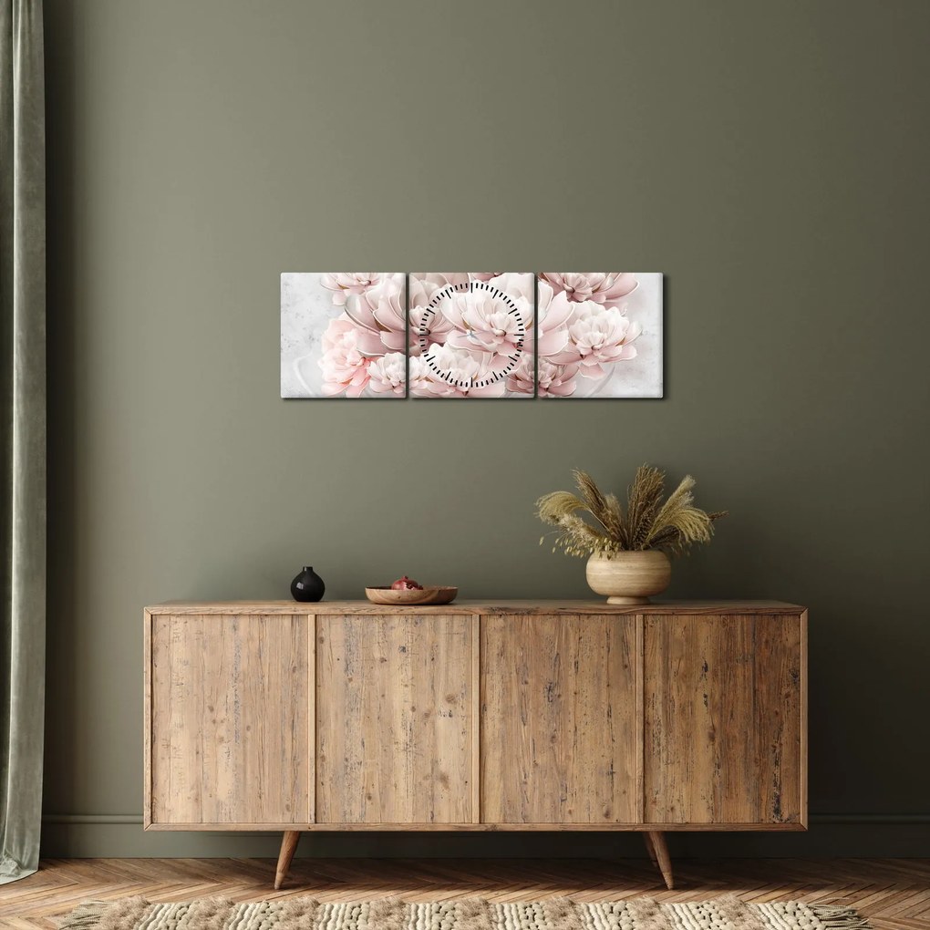 Obraz - Różowe kwiaty na ścianie (z zegarem) (90x30 cm)