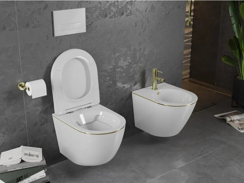 Mexen Lena miska wc Rimless z deską wolnoopadającą slim, duroplast, biała/złota linia - 30224005