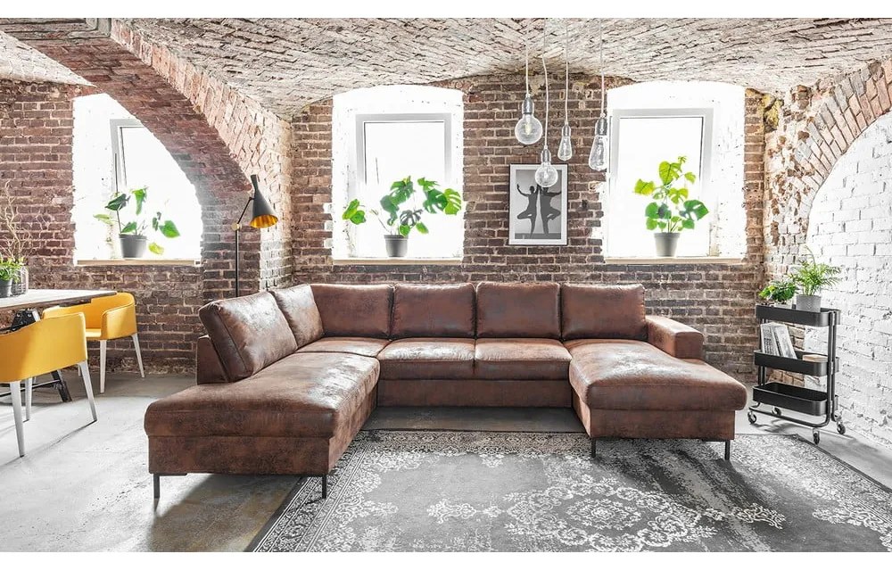 Brązowa rozkładana sofa w kształcie litery "U" z imitacji skóry Miuform Lofty Lilly Vintage, lewostronna