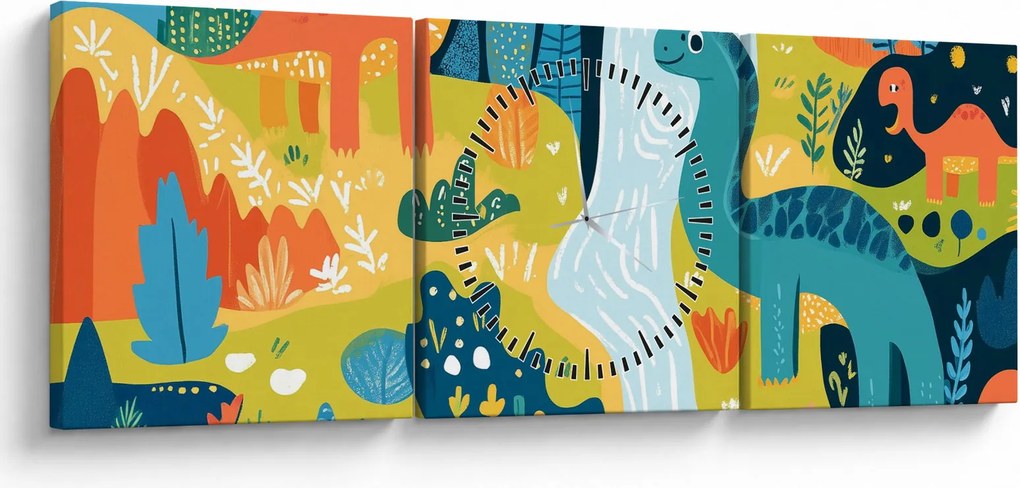 Obraz - Wesołe dinozaury (z zegarem) (90x30 cm)
