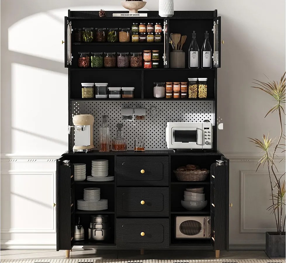 Nowoczesny kredens kuchenny 140x40x190cm - z otwartymi półkami - z 3 szufladami i 5 drzwiami - Czarny