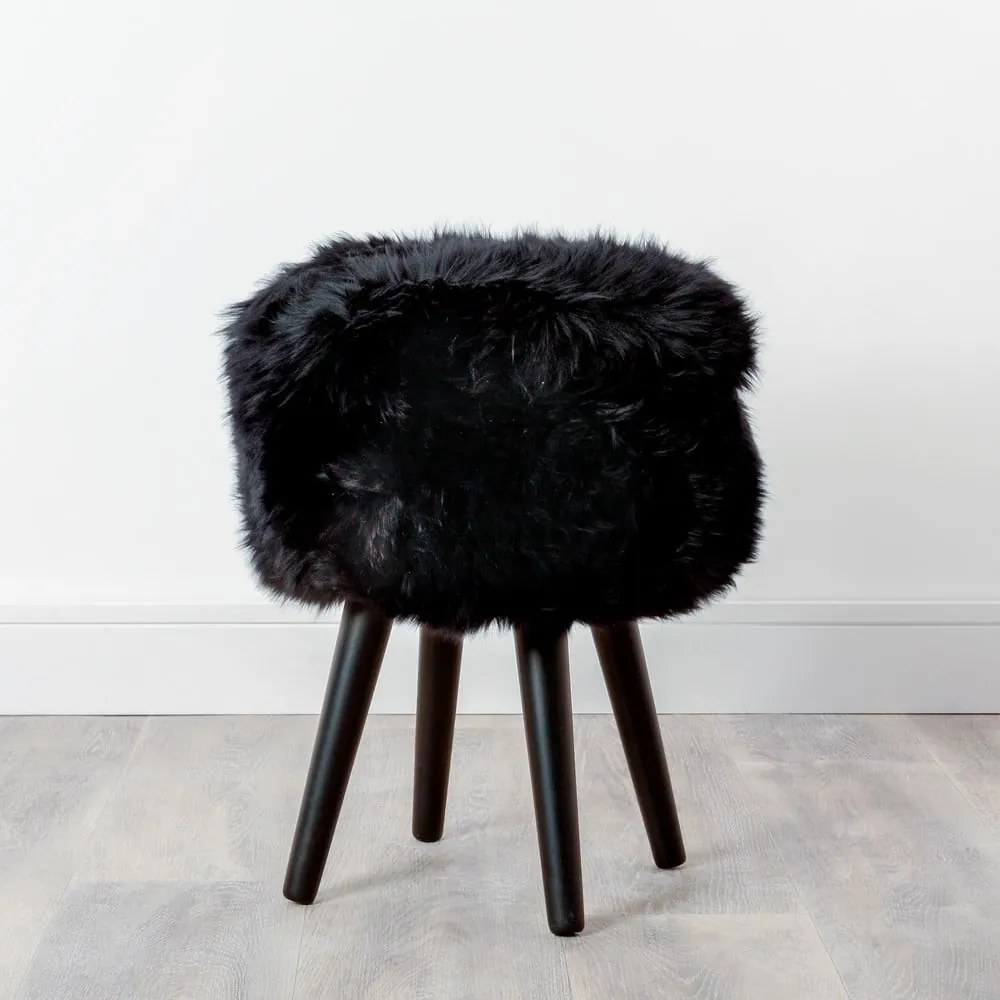 Stołek z czarnym siedziskiem ze skóry owczej Native Natural Black, ⌀ 30 cm