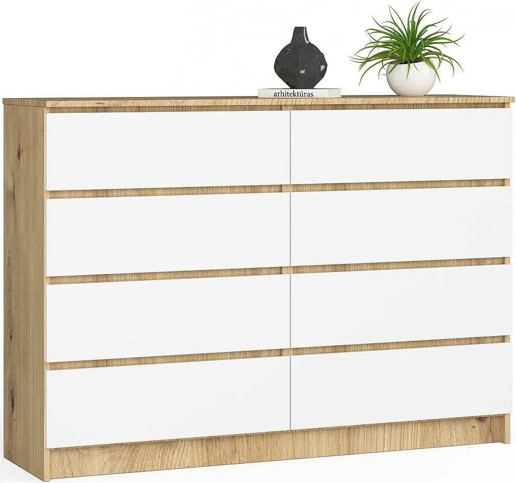 Komoda AKORD K140 Dąb Artisan 138 cm 8 szuflad kolor Biały mat 138x40x99 cm