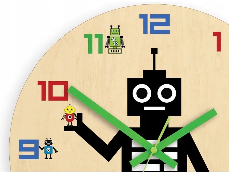 Zegar ścienny cichy do pokoju dziecięcego drewniany nowoczesny robot kolor