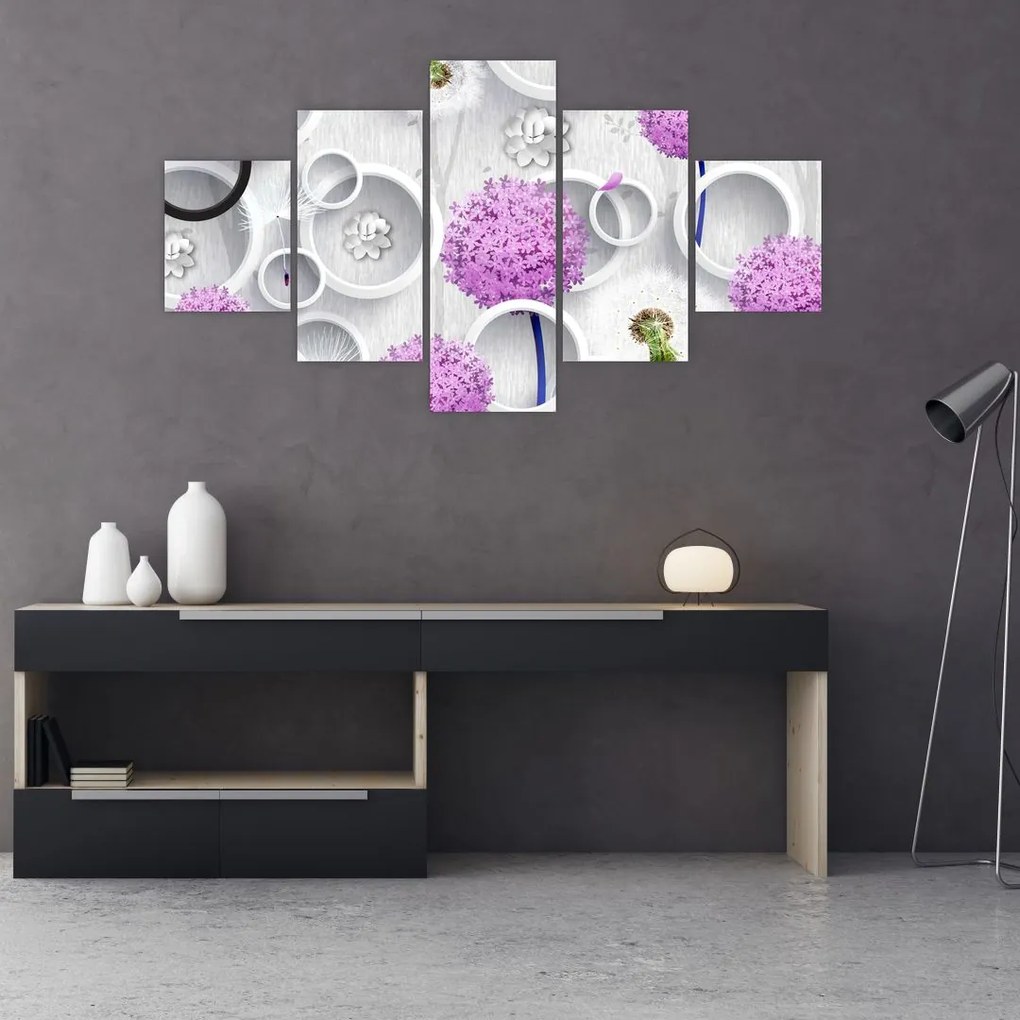 Obraz abstrakcji 3D z kołami i kwiatami (125x70 cm)