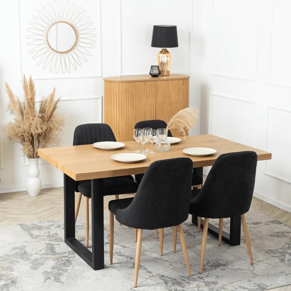 Zestaw Stół Prostokątny Rozkładany do Jadalni EDWIN 160-260 cm Dąb Złoty/Czarny i 4 Krzesła Tapicerowane TORINO Czarne