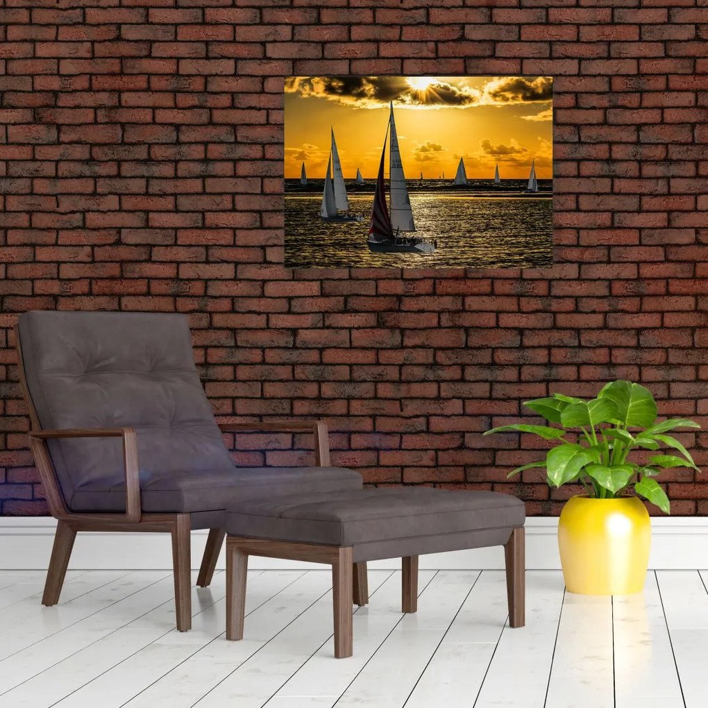 Obraz na szkle - jacht o zachodzie słońca (70x50 cm)
