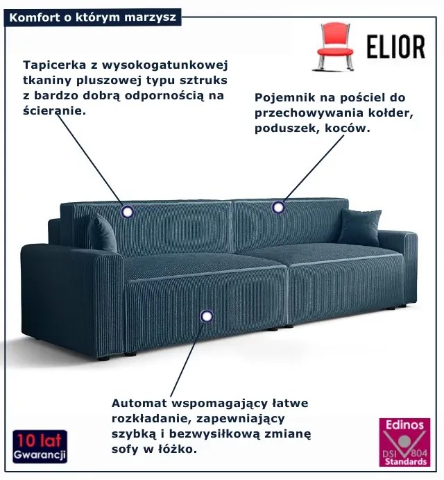 Niebieska rozkładana sofa sztruksowa K2-T88