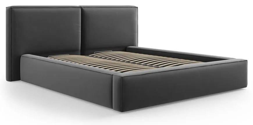 Ciemnoszare aksamitne tapicerowane łóżko dwuosobowe ze schowkiem i stelażem 180x200 cm Arendal – Cosmopolitan Design