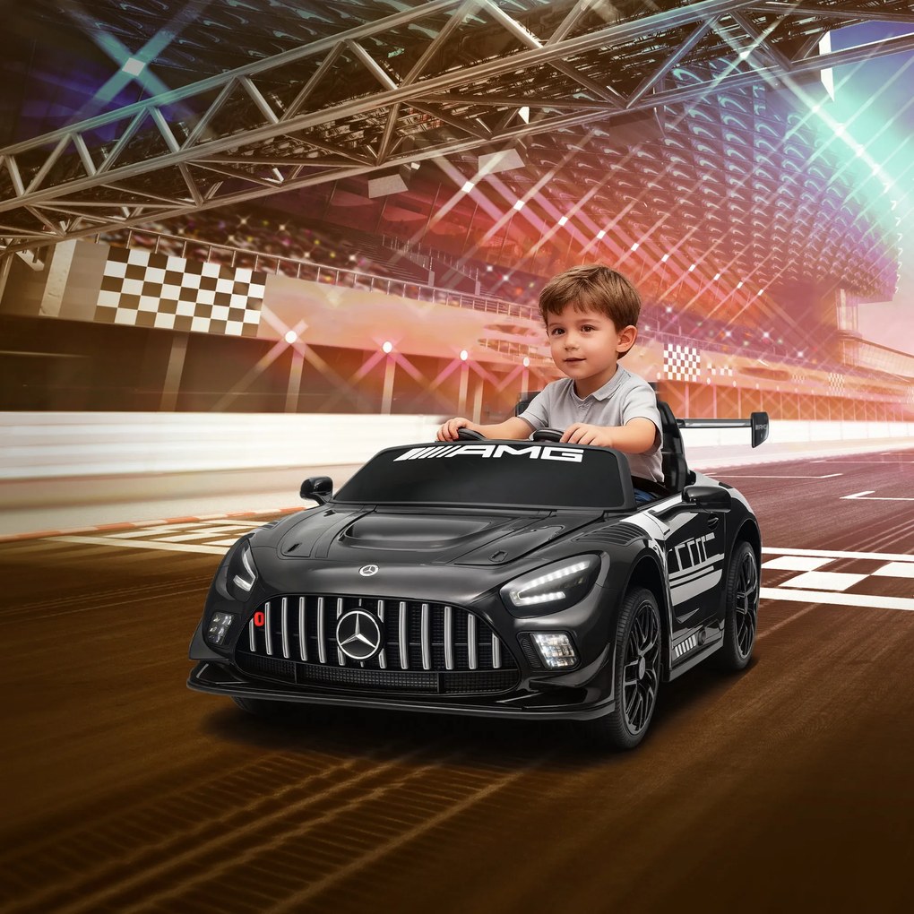 AIYAPLAY Samochód elektryczny Mercedes, samochód na siedzenie dla dzieci, bateria 12V, światła LED, funkcja muzyczna, klakson, 3-8 lat, czarny